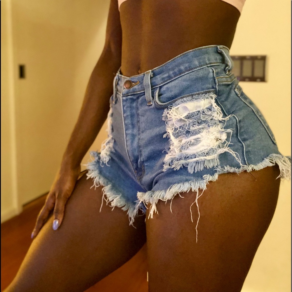 Medium Wash Distressed Denim High-Waisted Shorts